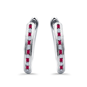 Half Eternity Hoop Earrings Round Simulated Ruby Cubic Zirconia 925 Sterling Silver (14mm)